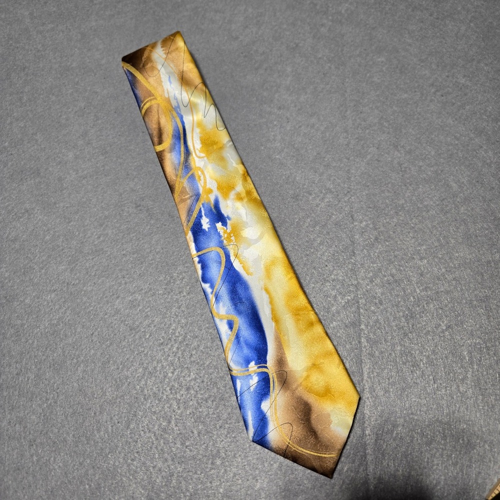 J Garcia Volcano Collection 56 Silk Necktie Gold Blue Abstract Art Mens Tie